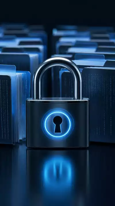 Digital lock icon with data files in background, representing secure access