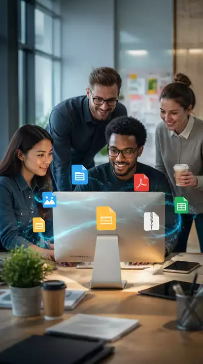 Team collaborating on a digital document, with diverse file icons floating around a central computer, conveying seamless file sharing