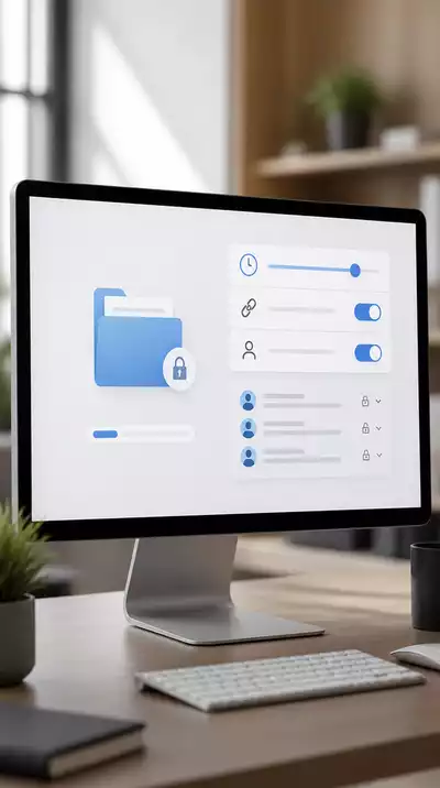 Secure file sharing interface on a computer screen, showing expiration link settings and access controls