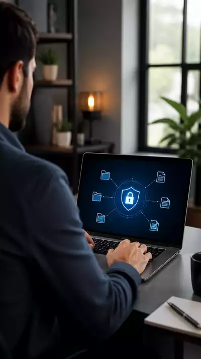 Person using a laptop with a secure file sharing interface, focused on privacy