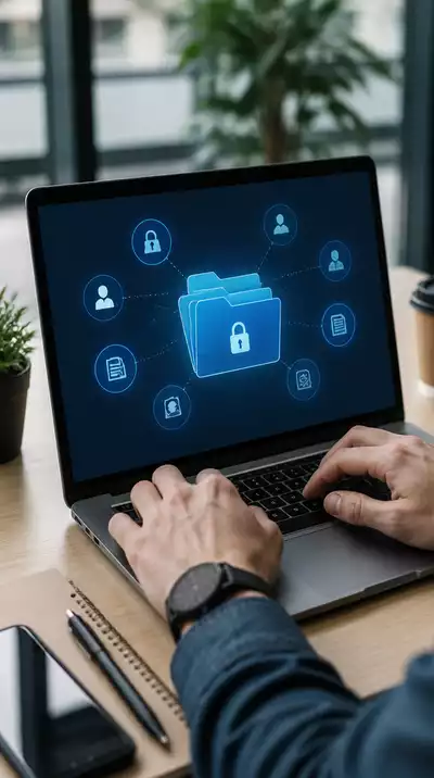 Person using a laptop to set up secure file sharing with expiration links and access controls