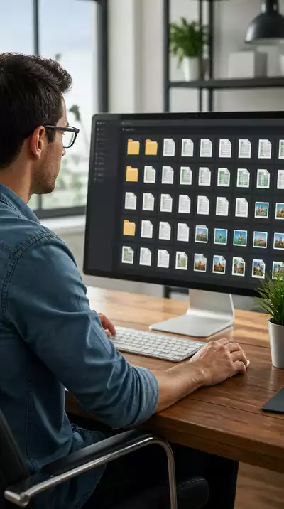 Person organizing digital files on a computer screen, showing various document, spreadsheet, and image icons