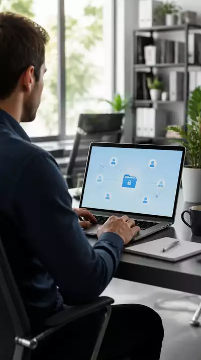 Person using a secure file sharing application on a laptop